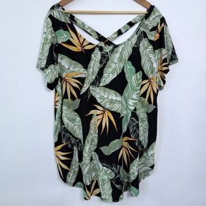 Vintage Tropical Palm Leaf Top Size 2X Black Green Criss Cross Back Casual